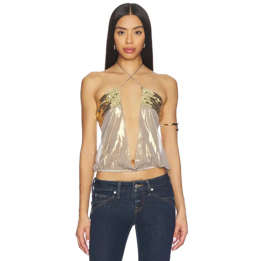Gold Draped Chiffon Sequin Top
